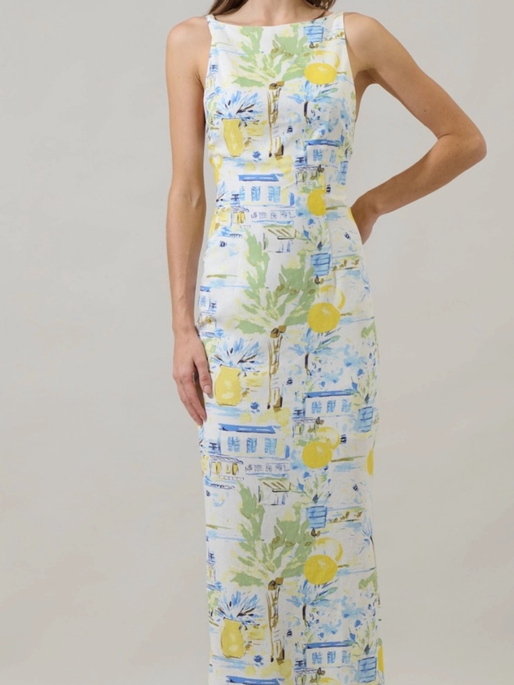 NWOT Sugarlips Lemon & Sky Blue Backless Maxi Dress